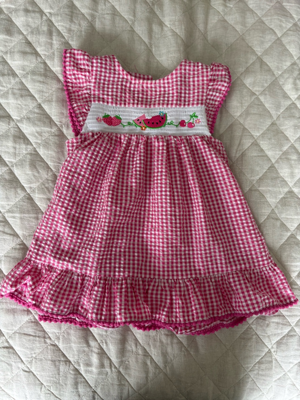 Good Lad Pink Gingham Smocked Dress with Fruit Embroidery